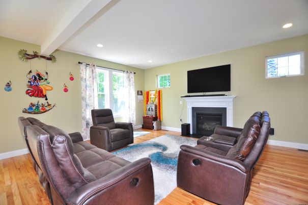 Home Theatre Room, Fireplace, Interior, Living room, Recessed Lighting, Wood Texture Flooring