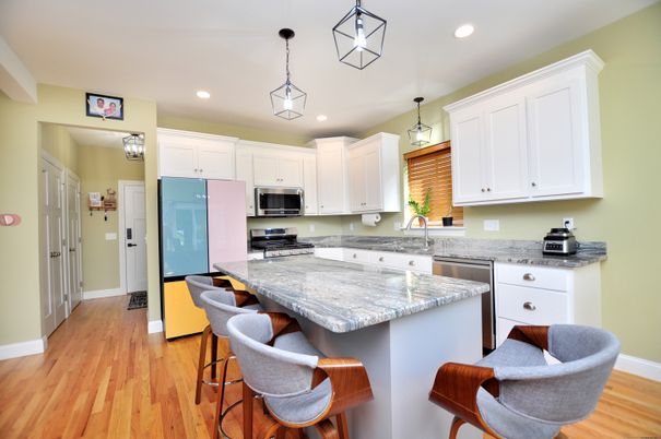 Interior, Kitchen, Pendant Lights, Recessed Lighting, Stainless Steel Appliances, Wood Texture Flooring