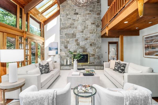 Fireplace, Interior, Living room, Recessed Lighting, Stone Walls, Wooden Beams, Wooden Ceilings