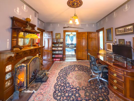 Fireplace, Home Office, Interior, Pendant Lights, Wood Texture Flooring