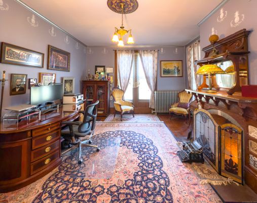 Chandelier, Fireplace, Home Office, Interior, Wood Texture Flooring