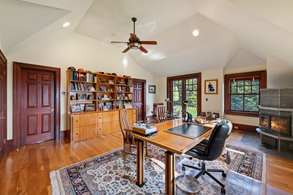 Fireplace, Home Office, Interior, Recessed Lighting, Wood Texture Flooring