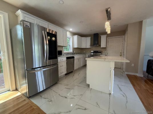 Interior, Kitchen, Marble, Pendant Lights, Recessed Lighting, Stainless Steel Appliances