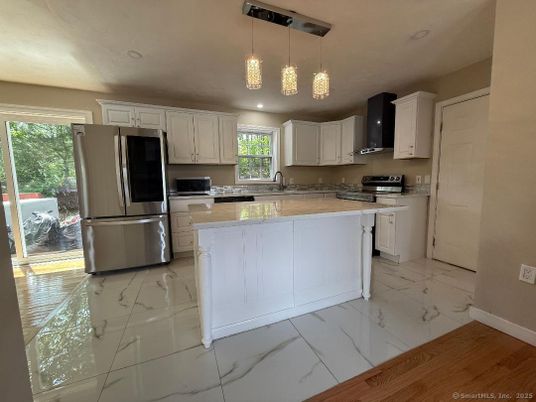 Interior, Kitchen, Marble, Pendant Lights, Recessed Lighting, Stainless Steel Appliances