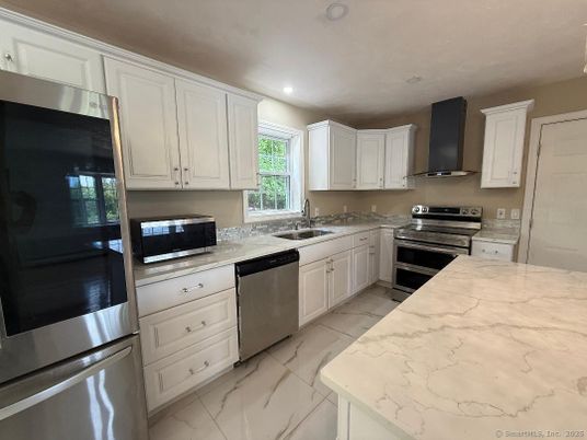 Interior, Kitchen, Marble, Recessed Lighting, Stainless Steel Appliances