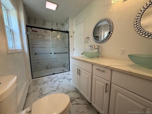 Bathroom, Dual Sink Vanities, Glass Shower, Interior, Marble, Marble Walls