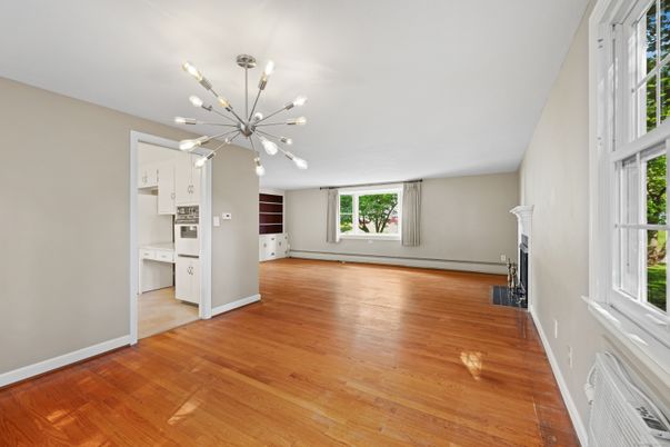 Empty room, Fireplace, Interior, Kitchen, Pendant Lights, Wood Texture Flooring