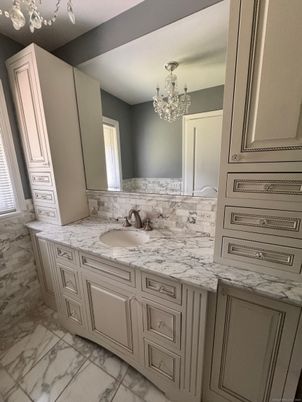 Bathroom, Chandelier, Dual Sink Vanities, Interior, Marble