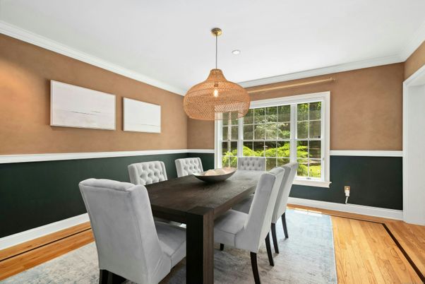 Dining room, Interior, Pendant Lights, Recessed Lighting, Wood Texture Flooring