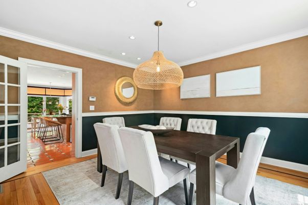 Dining room, Interior, Pendant Lights, Recessed Lighting, Wood Texture Flooring