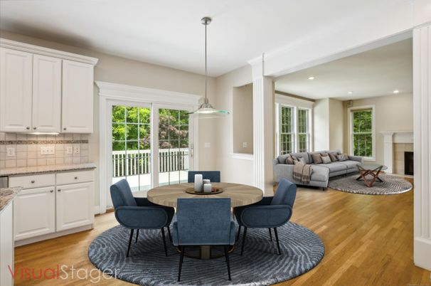 Dining room, Fireplace, Interior, Living room, Pendant Lights, Recessed Lighting, Wood Texture Flooring