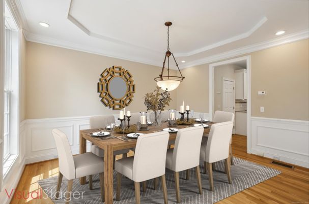 Dining room, Interior, Pendant Lights, Recessed Lighting, Wood Texture Flooring