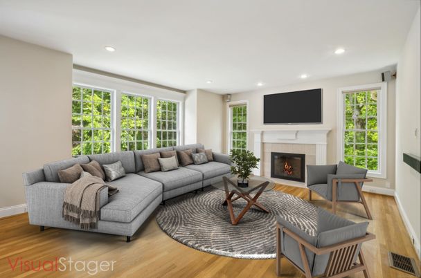 Fireplace, Interior, Living room, Recessed Lighting, Wood Texture Flooring