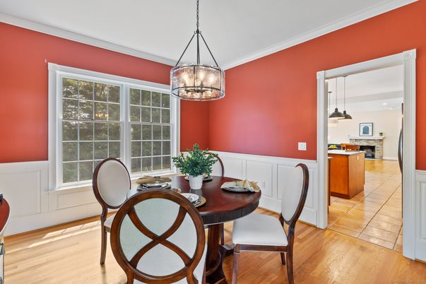 Dining room, Fireplace, Interior, Pendant Lights, Wood Texture Flooring