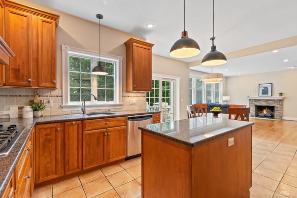 Dining room, Fireplace, Interior, Kitchen, Pendant Lights, Recessed Lighting, Stainless Steel Appliances