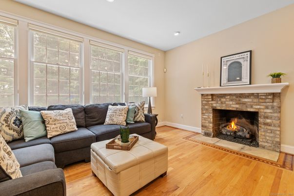 Fireplace, Interior, Living room, Recessed Lighting, Wood Texture Flooring