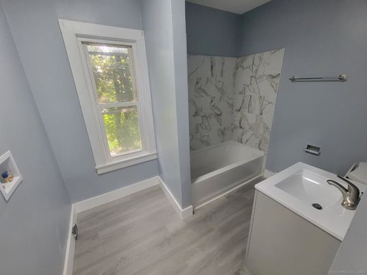 Bathroom, Interior, Marble Walls, Wood Texture Flooring