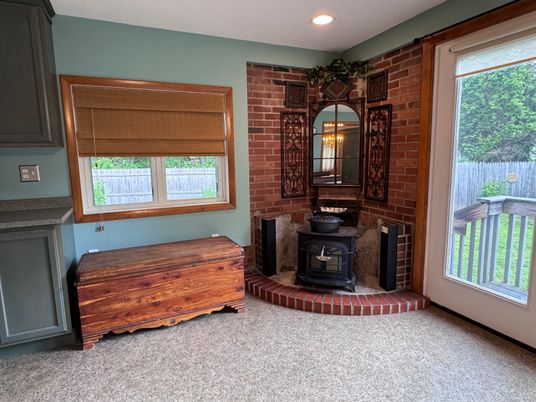 Fireplace, Interior, Recessed Lighting, Stone Walls