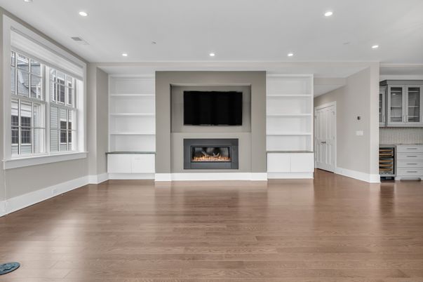 Empty room, Fireplace, Interior, Recessed Lighting, Wood Texture Flooring