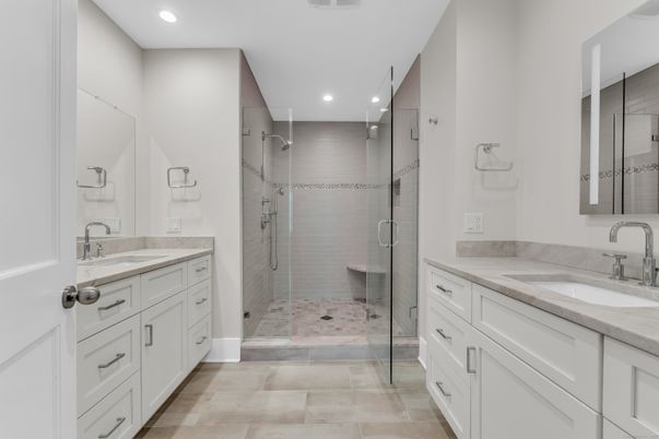 Bathroom, Dual Sink Vanities, Glass Shower, Interior, Recessed Lighting