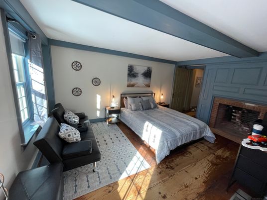 Bedroom, Fireplace, Interior, Wood Texture Flooring