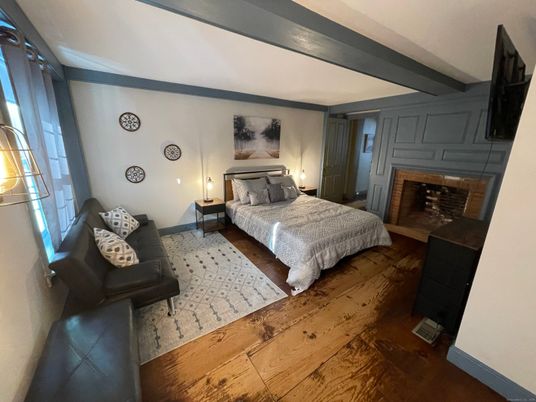 Bedroom, Fireplace, Interior, Wood Texture Flooring