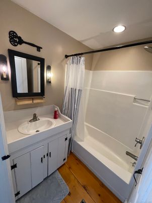 Bathroom, Dual Sink Vanities, Interior, Recessed Lighting, Wood Texture Flooring
