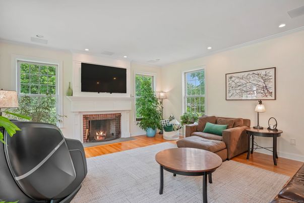 Fireplace, Interior, Living room, Recessed Lighting, Wood Texture Flooring