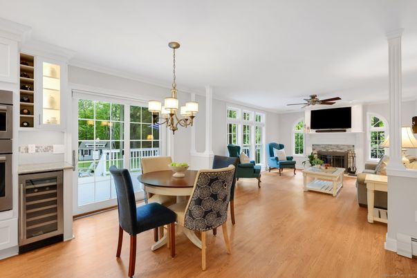 Chandelier, Dining room, Fireplace, Interior, Living room, Wood Texture Flooring