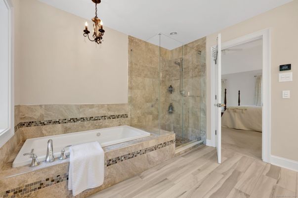 Bathroom, Chandelier, Glass Shower, Interior, Wood Texture Flooring