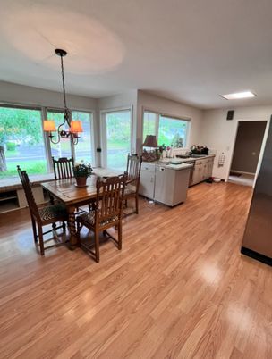 Chandelier, Dining room, Interior, Wood Texture Flooring