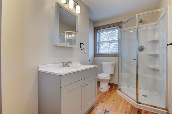 Bathroom, Glass Shower, Interior, Wood Texture Flooring