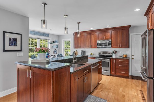 Interior, Kitchen, Pendant Lights, Recessed Lighting, Stainless Steel Appliances, Wood Texture Flooring