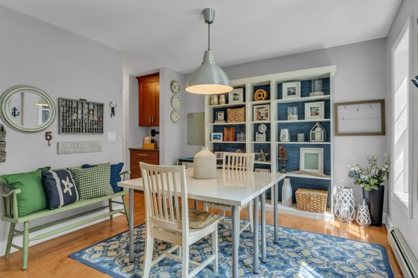 Dining room, Interior, Pendant Lights, Wood Texture Flooring