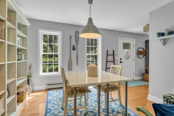 Dining room, Interior, Pendant Lights, Wood Texture Flooring