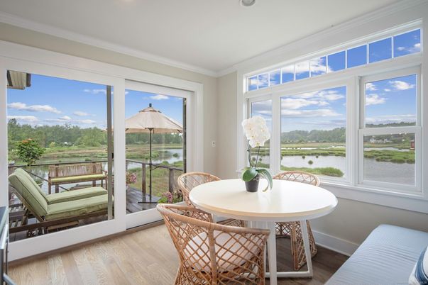 Dining room, Interior, Recessed Lighting, Sun Room, Water, Wood Texture Flooring