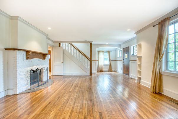 Empty room, Fireplace, Interior, Recessed Lighting, Wood Texture Flooring