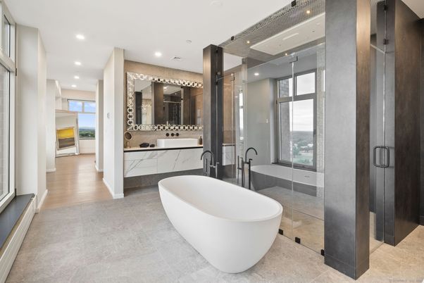 Bathroom, Dual Sink Vanities, Free Standing Baths, Interior, Recessed Lighting, Wood Texture Flooring