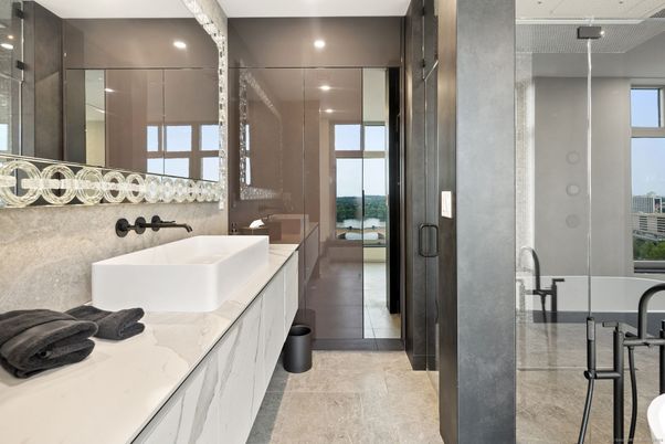 Bathroom, Glass Shower, Interior, Recessed Lighting