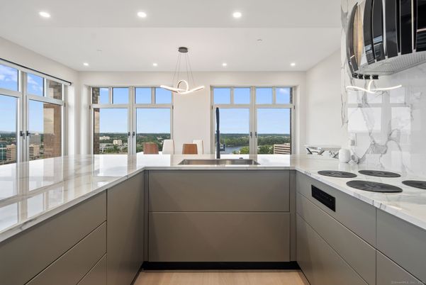 Interior, Kitchen, Pendant Lights, Recessed Lighting, Water, Wood Texture Flooring