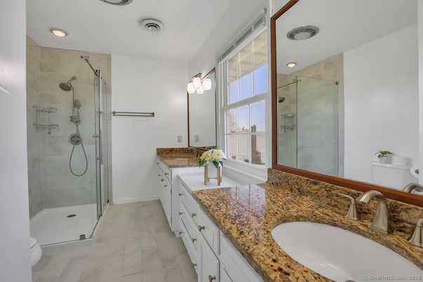 Bathroom, Dual Sink Vanities, Glass Shower, Interior, Marble, Recessed Lighting