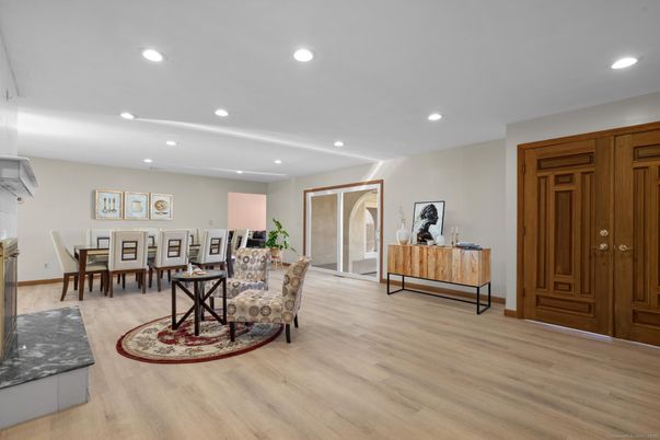 Dining room, Interior, Recessed Lighting, Wood Texture Flooring