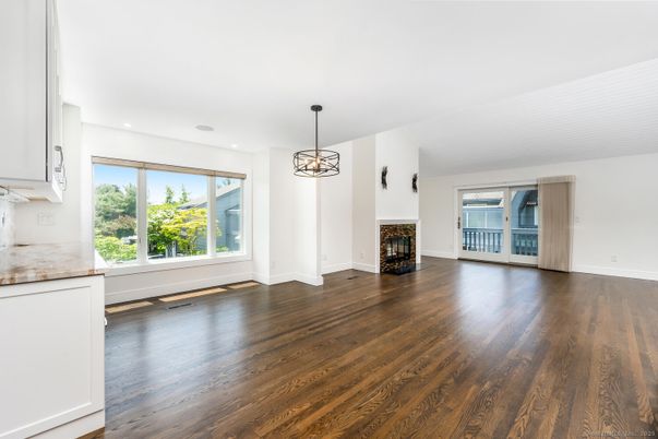 Empty room, Fireplace, Interior, Pendant Lights, Recessed Lighting, Wood Texture Flooring