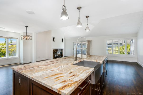 Fireplace, Interior, Kitchen, Pendant Lights, Wood Texture Flooring