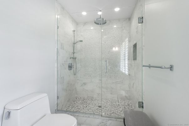 Bathroom, Glass Shower, Interior, Marble, Marble Walls, Recessed Lighting