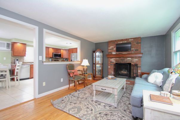 Dining room, Fireplace, Interior, Kitchen, Living room, Stone Walls, Wood Texture Flooring
