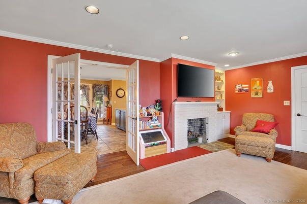Fireplace, Interior, Living room, Recessed Lighting, Wood Texture Flooring