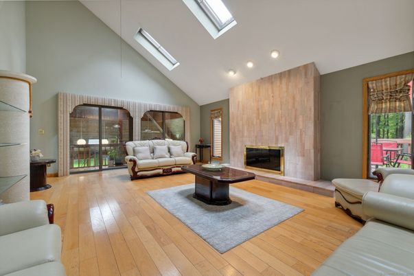 Fireplace, Interior, Living room, Recessed Lighting, Wood Texture Flooring