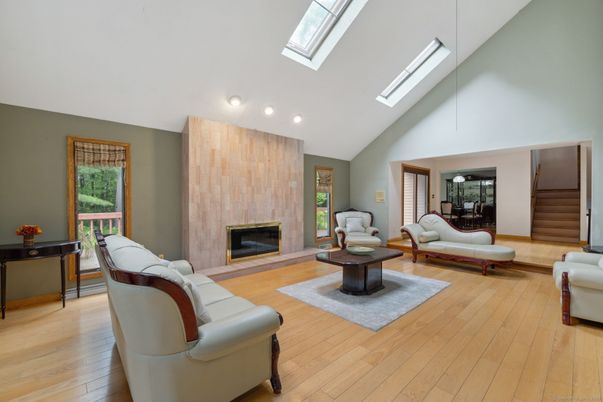 Fireplace, Interior, Living room, Recessed Lighting, Wood Texture Flooring