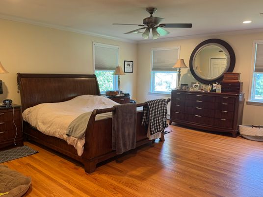 Bedroom, Interior, Recessed Lighting, Wood Texture Flooring